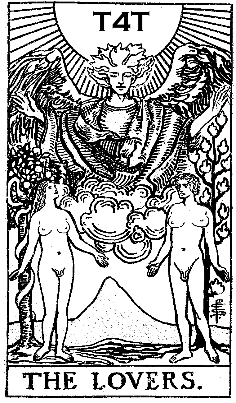 A modified version of the tarot card 'The Lovers' by A. E. Waite and P. C. Smith, it has been made into a high contrast black and white image with few vaues and edited to make both subjects trans women. the card number has been replaced with the slogan T4T